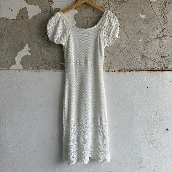 Puff Sleeve Dress White Crochet Knit Midi Cottagecore Romantic Boho Dress‎ Small - Picture 6 of 8